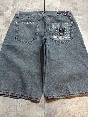 Coogi Baggy Denim Jorts 40 Faded Blue Embroidered